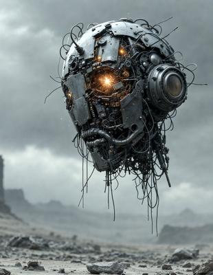 The primary subject of the image is a futuristic robot head with a lot of wires and gears. The robot head is the main focus of the image, and it is set against a backdrop of a cloudy sky. The visual style of the image is digital art, as it appears to be a computer-generated or digitally manipulated image. The colors and mood of the image are dark and mysterious, with the robot head being the main source of light and contrast in the scene.